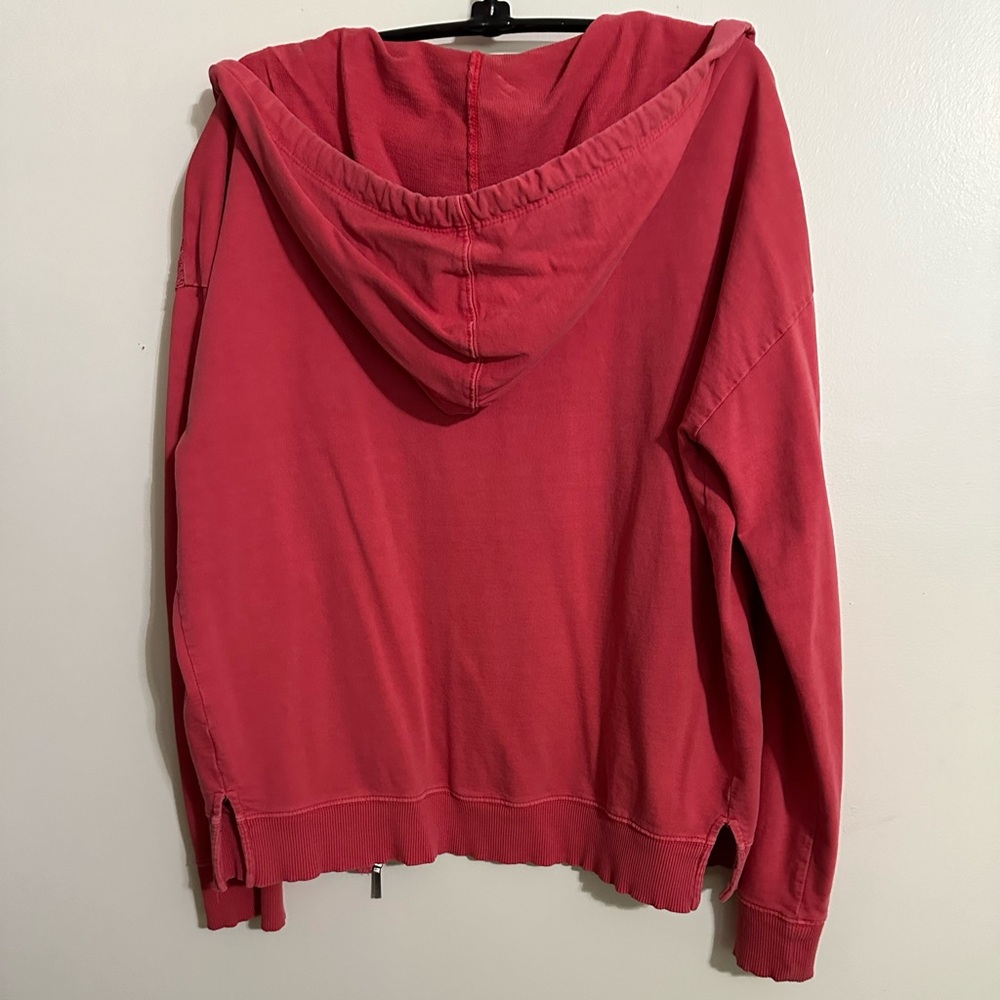 DKNY Jeans Deep Coral Front Lace Overlay Hooded Sweatshirt, Size L - Picture 3 of 10